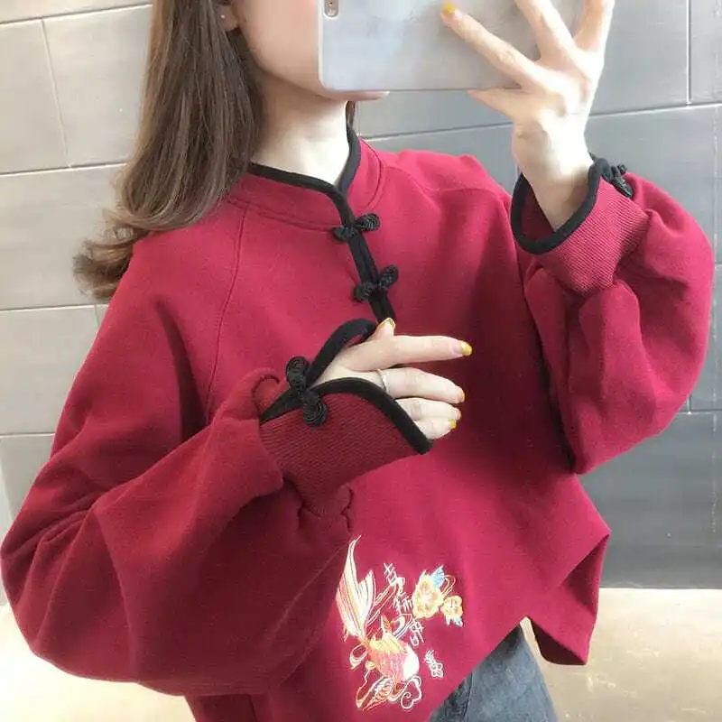 Top Trends: Fashion Stand Collar Button Printed Casual Sweatshirts Female Clothing 2023 Winter Loose All-match Tops Korean Warm Sweatshirts Shoppable Styles