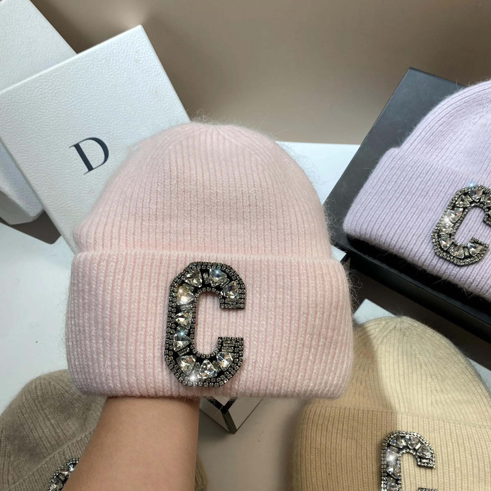 Top Trends: Luxury Rhinestone Letter C Women&#039;s Winter Beanie Warm Real Rabbit Fur Knitted Hat Outdoor Skiing Skullies Beanies Cold Cap Shoppable Styles