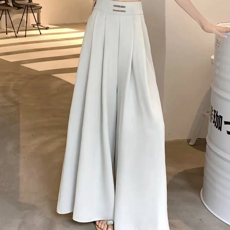 Top Trends: Summer New Solid Color Thin Ventilate Wide Leg Trousers Women High Street Casual Elastic Waist High Waist Pleated All-match Pant Shoppable Styles