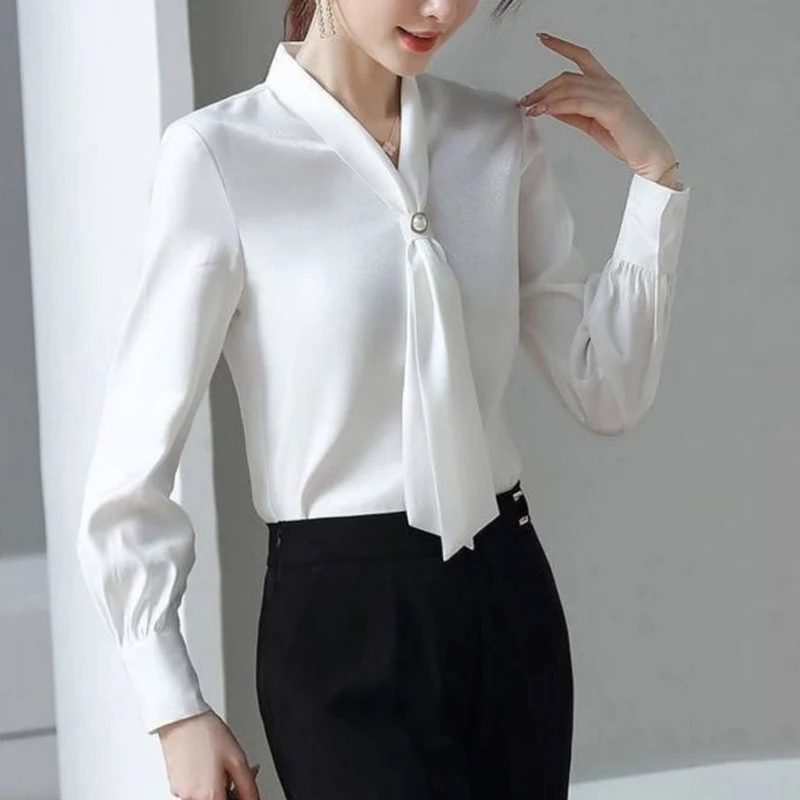 Top Trends: Green White Korean Elegant Office Lady Shirt Spring Autumn Women Bow Chic Temperament Long Sleeve Loose Blouse Tops Blusas Mujer Shoppable Styles