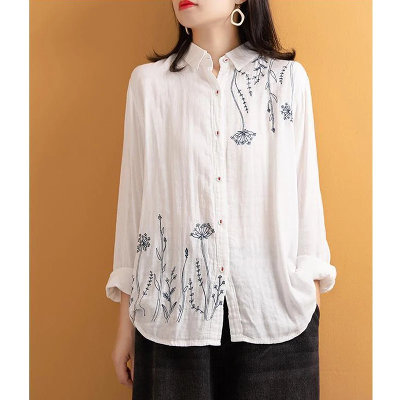 Top Trends: Vintage Embroidery White Simple Cotton Button Up Shirt Comfortable Casual Long Sleeve Loose Tops Blouses For Women Clothing 2023 Shoppable Styles