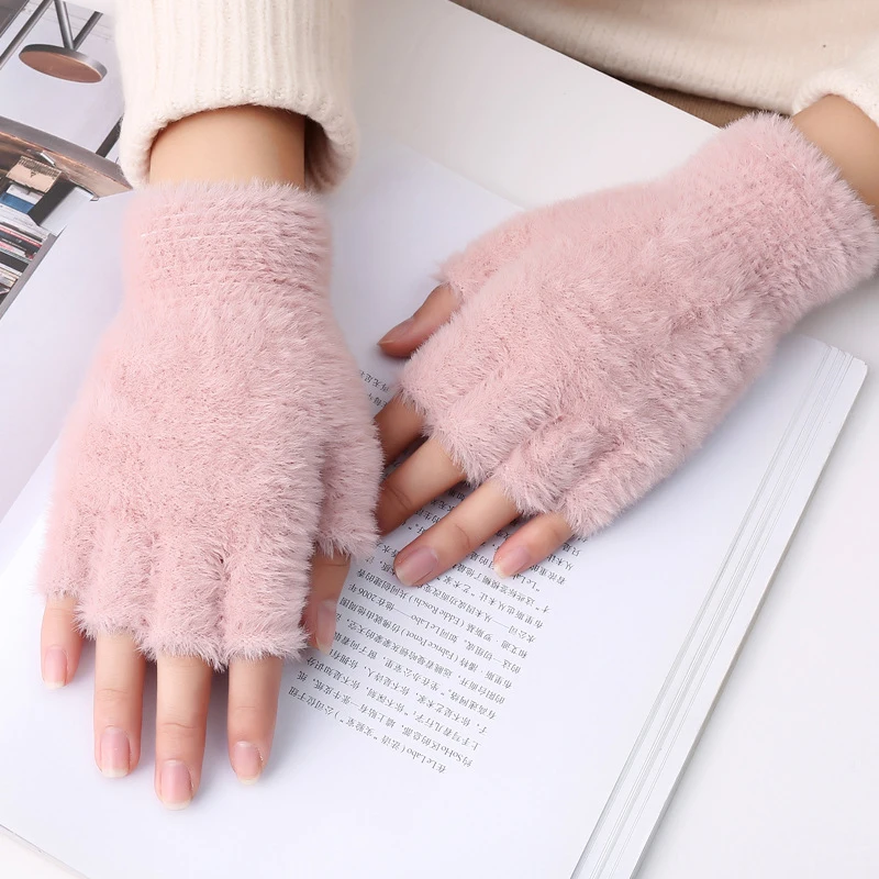 Top Trends: 1 Pairs Half Finger Gloves Winter Solid Color Gloves Men Women Couple Mittens Soft Furry Warm Glove Thick Elastic Driving Gloves Shoppable Styles