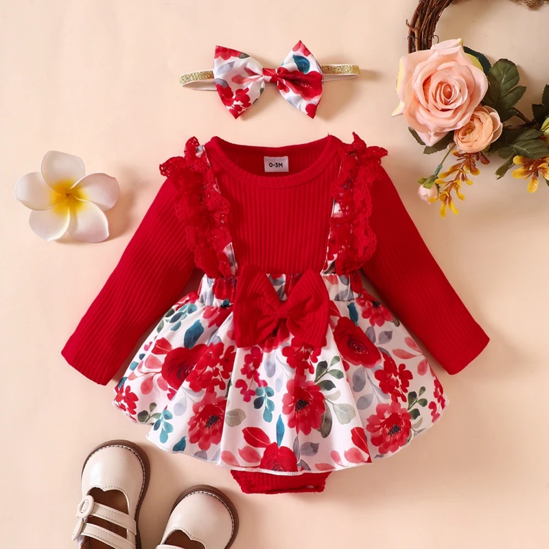 Top Trends: BeQeuewll Newborn Girl Outfit Long Sleeve Crew Neck Bow Flower Print Lace Patchwork Romper With Hairband Fall Clothes Shoppable Styles