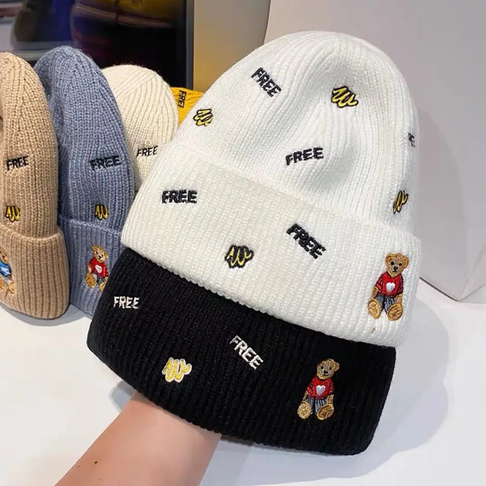 Top Trends: Fashion Korean Style Cartoon Bear Letter Embroidery Winter Warm Women Cute Knitted Hat Female Outdoor Sport Ski Cap Girl Beanie Shoppable Styles