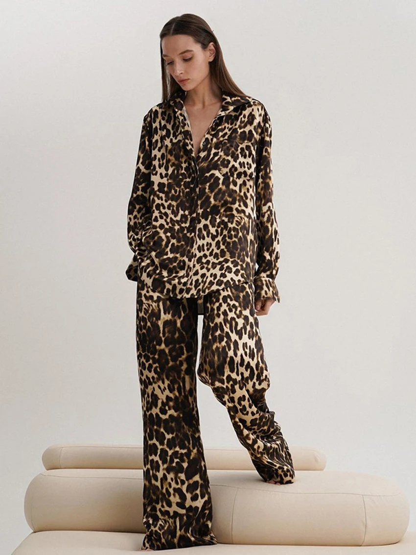 Top Trends: Marthaqiqi Leopard Print Ladies Sleepwear Set Long Sleeve Nightwear Sexy Turn-Down Collar Nightie Pants Loose Femme Pajamas Suit Shoppable Styles