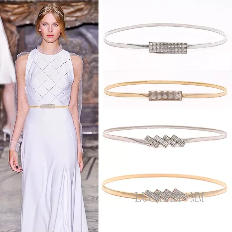 Top Trends: New Silver Gold Metal Belt Double Ring Imitate Rhinestone Lady Waist Belt Dress Suits Elastic Thin Slim Women Belts Waistband Shoppable Styles