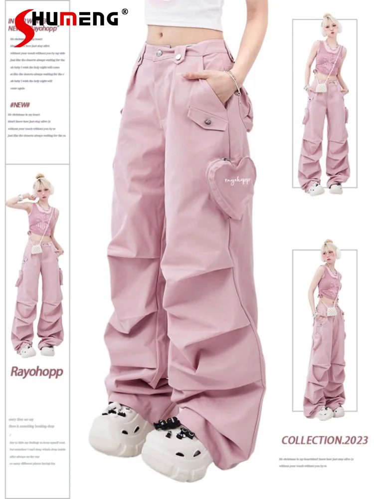 Top Trends: 2023 New Casual Women's Summer Overalls Trousers American Loose Hot Girl Women Pocket Asymmetry Pleated Pink Pants Sweatpants Shoppable Styles