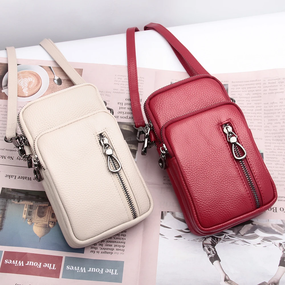 Top Trends: Genuine Leather Mobile Phone Mini Bag Woman Multi Zippers Adjustable Shoulder Strap Crossbody Bag Casual Soft Cell Phone Pouch Shoppable Styles