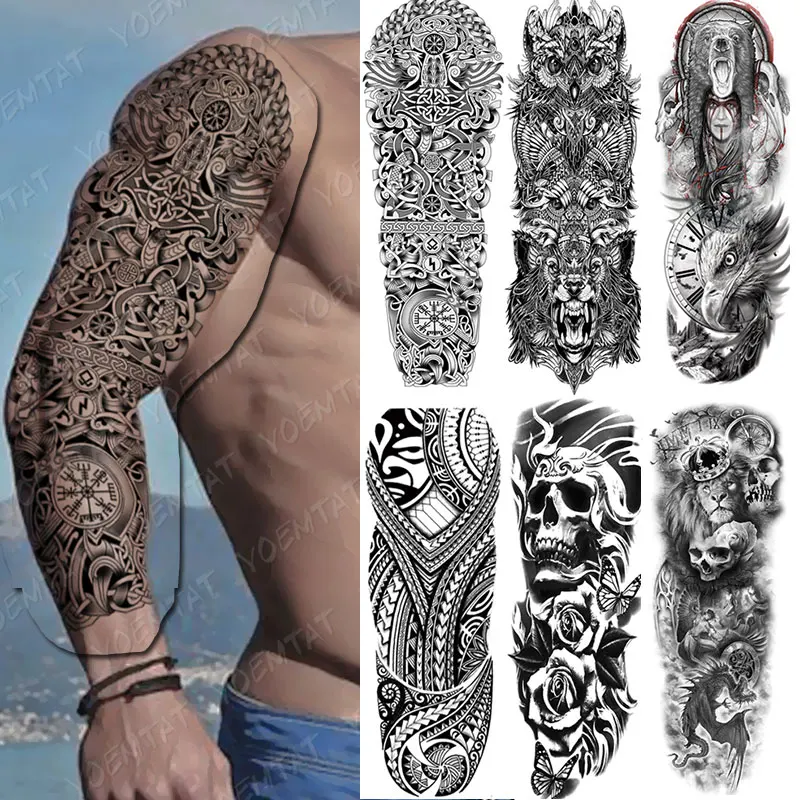 Top Trends: Large Arm Sleeve Tattoo Snake Owl Maori Waterproof Hyperrealistic Men's Temporary Viking Sticker Skull Body Fake Tatoo Women Shoppable Styles