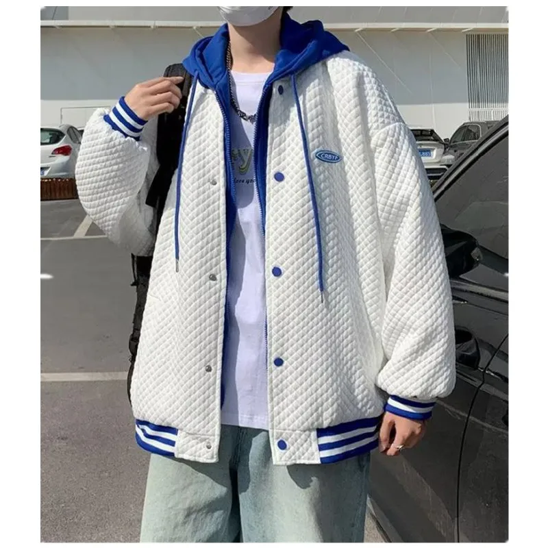 Top Trends: Men&Women Hooded Jacket Ins Hip Hop Waffle Fake Two-piece Windproof Streetwear Unisex Baseball Uniform Youth Male Bomber Jacket Shoppable Styles