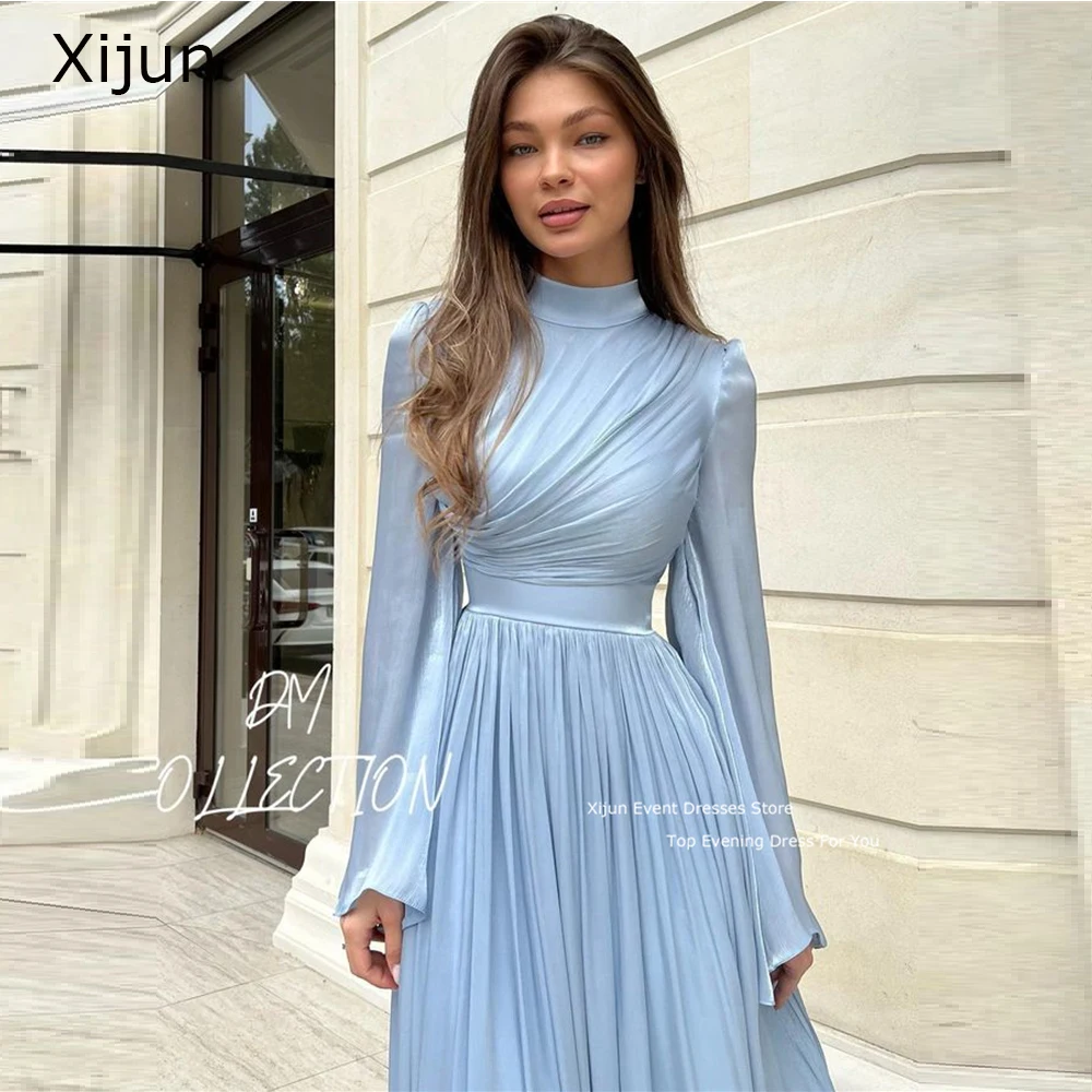 Top Trends: Xijun Blue Short Chiffon Prom Dresses Long Sleevess Prom Gowns Formal Evening Dress Party Dresses Elegant Modest Saudi Arabric Shoppable Styles