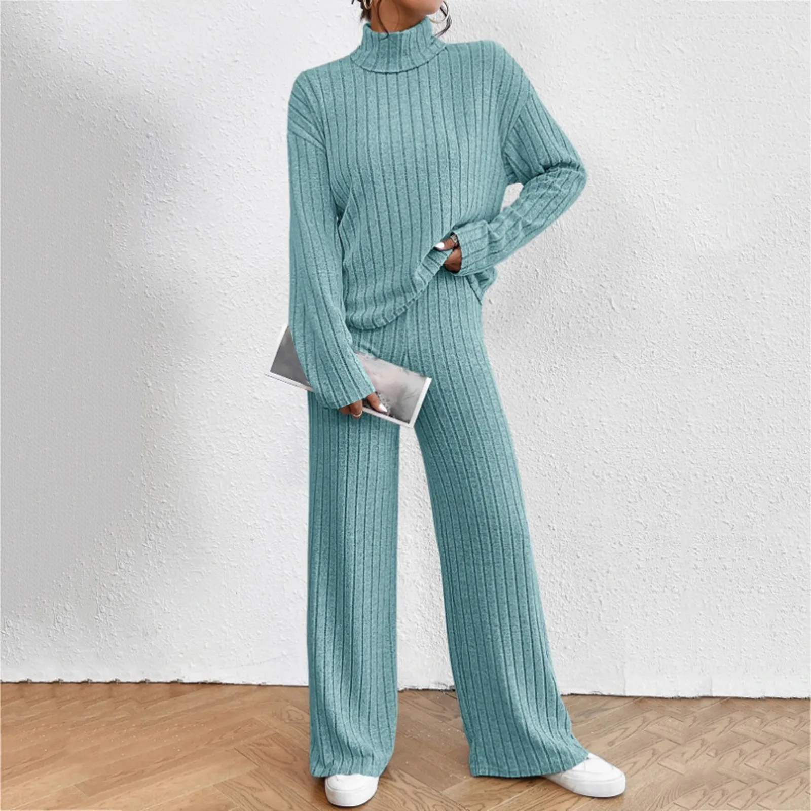 Top Trends: 2023 Autumn And Winter Women's High Neck Knit Two Piece Set Casual Solid Color Pullover Tops Loose Wide Leg Draped Pants Suit Shoppable Styles