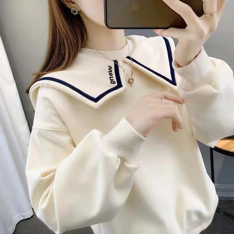 Top Trends: Fashion Loose Spliced Letter Embroidery Sweatshirt Female Clothing 2023 Autumn New Casual Tops Commute Asymmetrical Sweatshirts Shoppable Styles