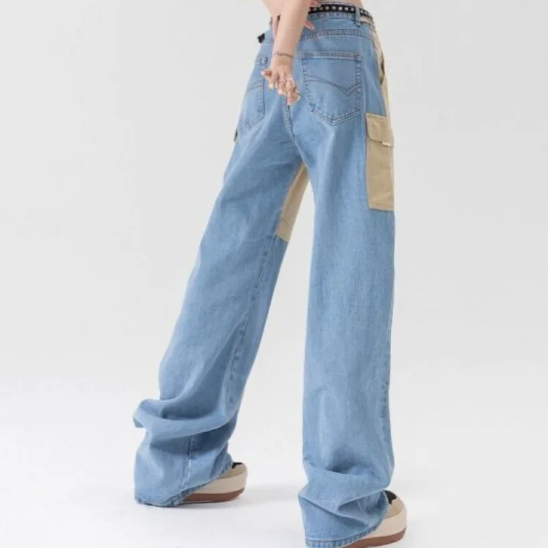 Top Trends: American Fashion Spicy Girls Contrast Color Wide Leg Jeans Women's 2023 Summer Thin Design Button Pockets Zipper Straight Pants Shoppable Styles - Image 5