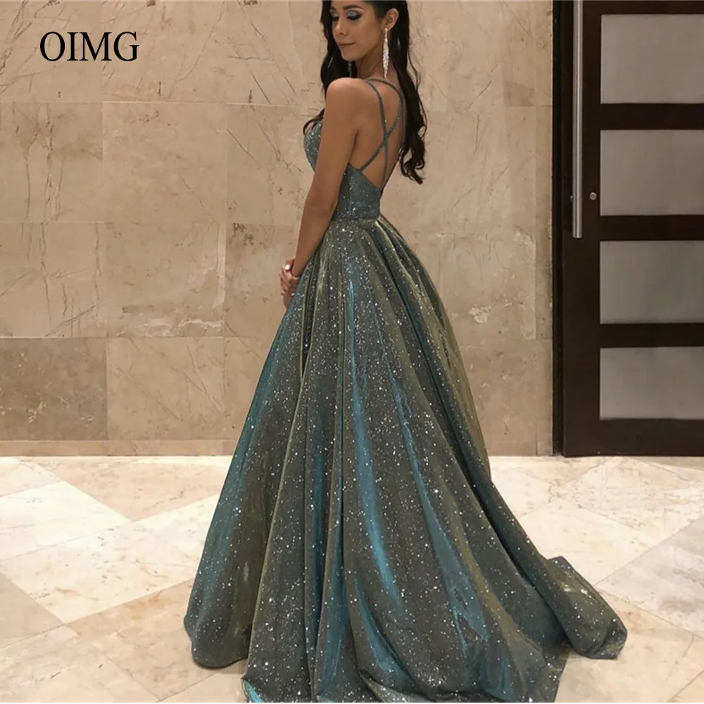 Top Trends: OIMG 2023 Shiny Army Green Long A Line Prom Dresses Spaghetti Straps Floor Length Evening Gowns Glitter Special Occasion Dress Shoppable Styles