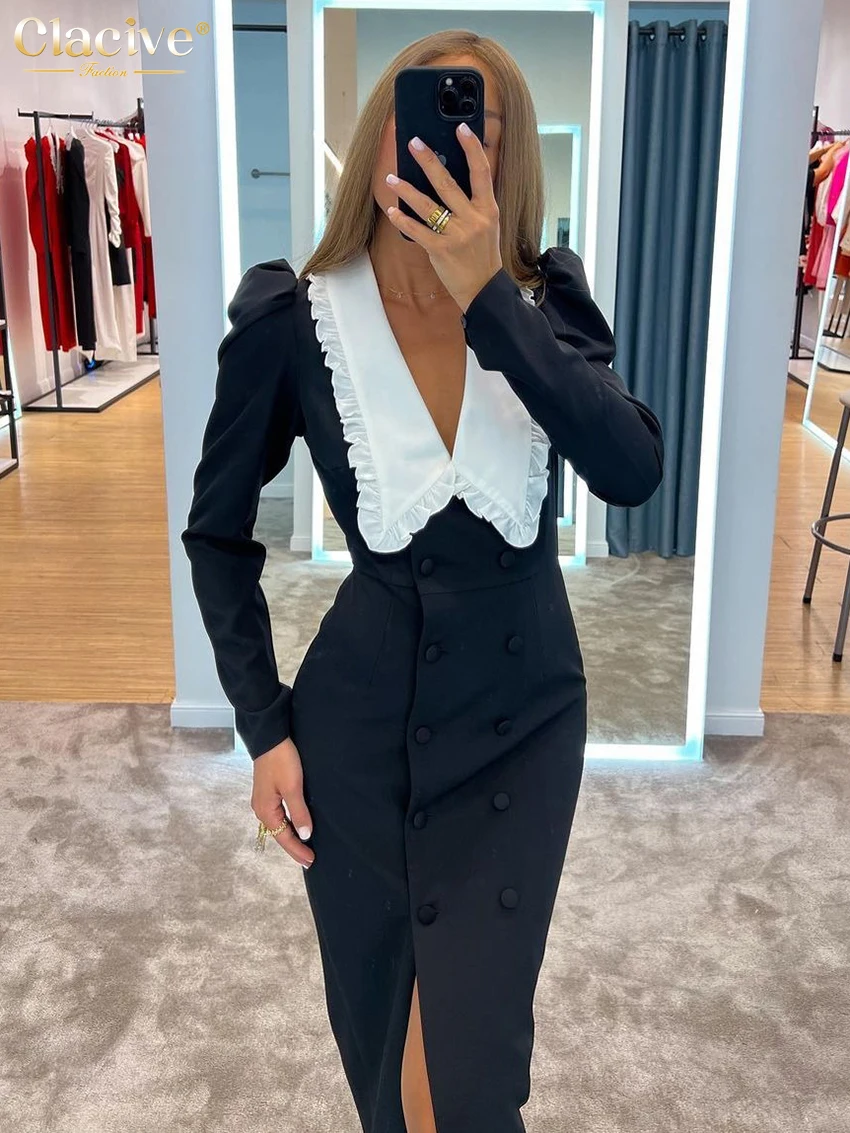 Top Trends: Clacive Bodycon Black Patchwork Dress Elegant Ruffle Collar Long Sleeve Office Midi Dress Fashion Slim Slit Dresses For Women Shoppable Styles