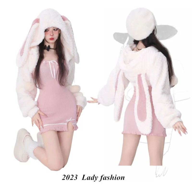 Top Trends: Sweater Dresses Korean Two Piece Set Women Sweet Mini Dress Suit Rabbit Ear Long Sleeve Coat + Female Knitted Slip Dress 2023 Shoppable Styles