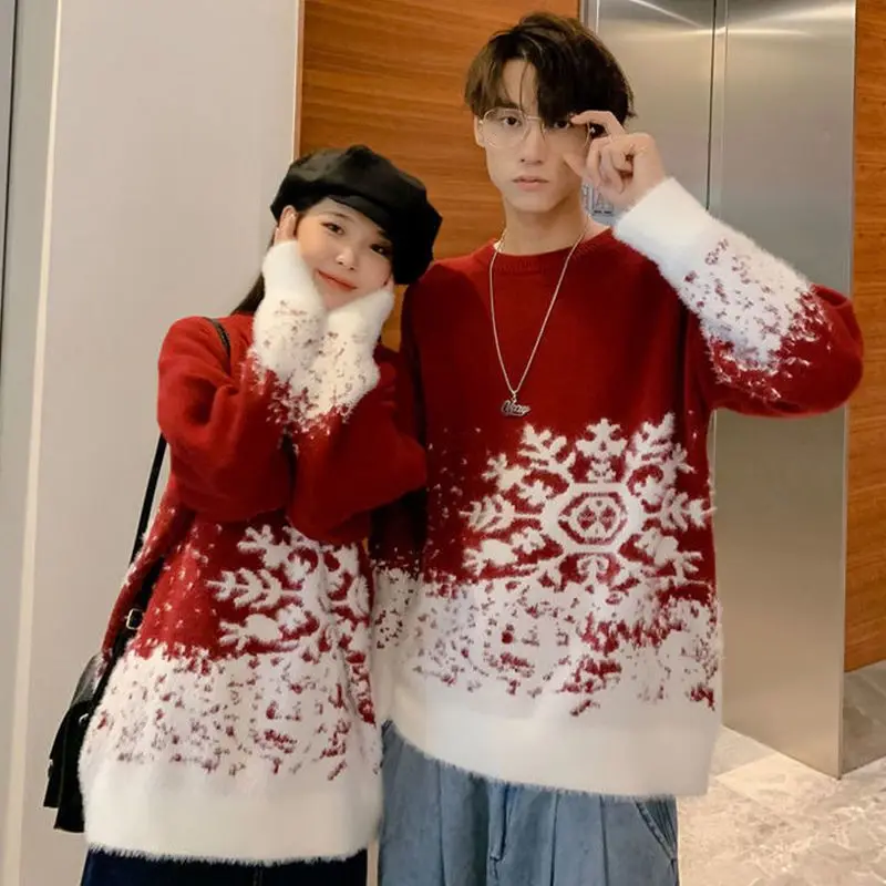 Top Trends: 2023 New Round Neck Red Couple Christmas Sweater Soft Thick Snowflake Pattern Ins Vintage Loose Pullovers Men's Winter Sweater Shoppable Styles - Image 4