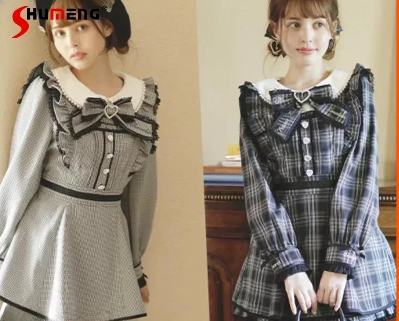 Top Trends: Japanese Sweet Plaid Bow Dress Set 2023 Autumn New Cute Mine Series Mass-Produced Bow Long Sleeve Plaid Dresses Two-Piece Suit Shoppable Styles