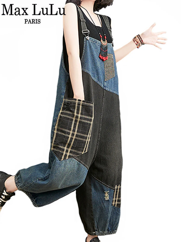 Top Trends: Max LuLu 2021 Korean Summer New Design Women Plaid Ripped Denim Overalls Ladies Vintage Oversized Jeans Girl Punk Style Trousers Shoppable Styles