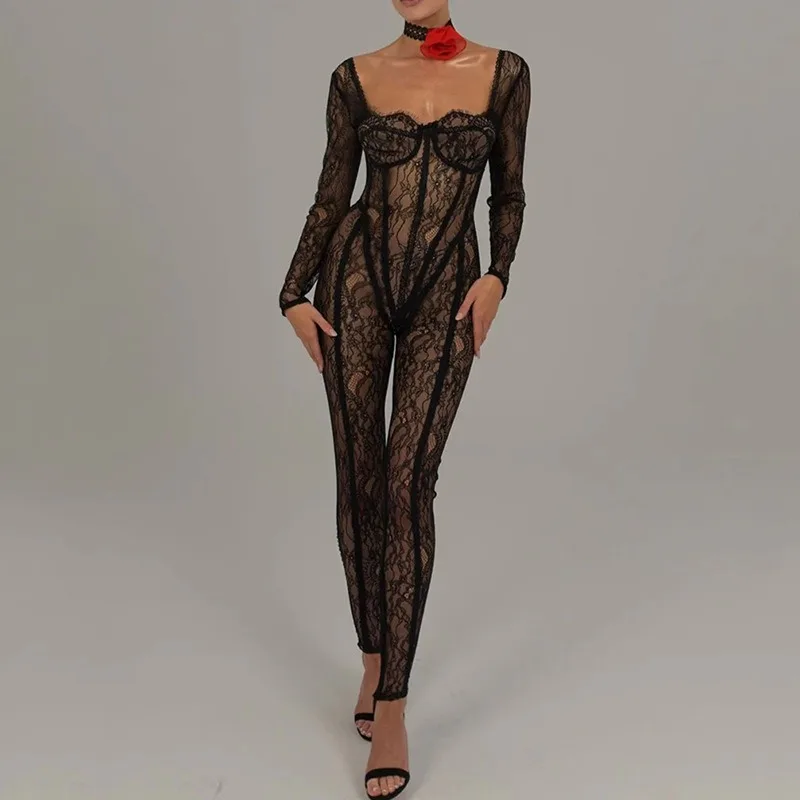 Top Trends: Lace Patchwork See Through Jumpsuit Women Hot Girl 2023 Autumn Sexy Long Sleeve High Strecth Bodycon Romper Night Clubwear Shoppable Styles