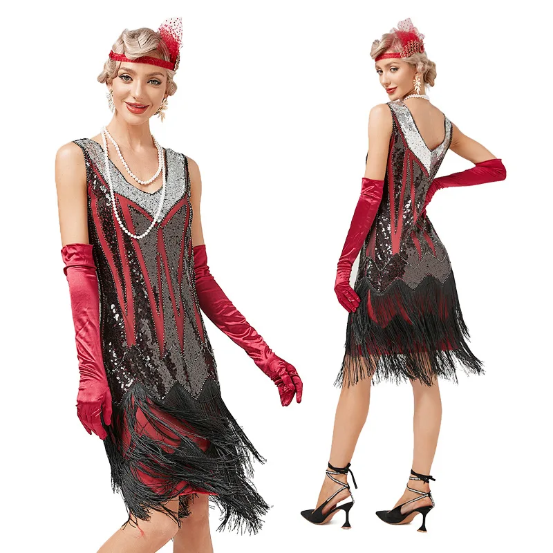 Top Trends: Vintage 1920s Flapper V-neck Double Tassel Dress Great Gatsby Cosplay Costume Cocktail Party Charleston Dance Sequin Stud Dress Shoppable Styles - Image 4