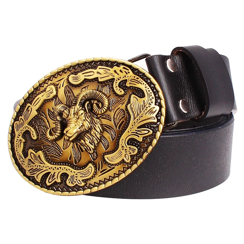 Top Trends: Fashion Belt Sheep Argali Golden Ram Head Buckle Cowskin Leather Goat Pattern Heavy Metal Rock Style Accessories Shoppable Styles