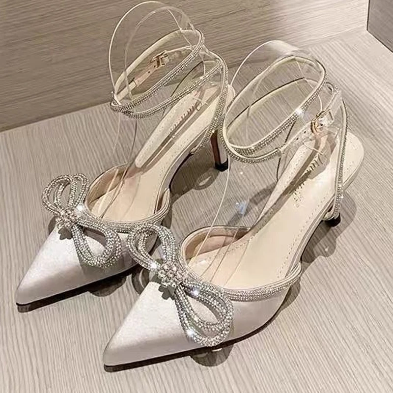 Top Trends: Rhinestones Bowknot Sandals For Women Sexy Buckle Strap Ladies High Heel Pumps Pointed Toe Silk Fashion 2022 Female Shoes Summer Shoppable Styles - Image 2