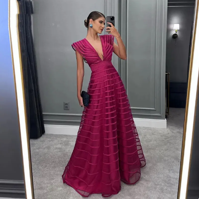 Top Trends: Aleeshuo Purple Elegant Cap Sleeves Long Tulle Prom Gowns Deep V-Neck Backless Evening Dresses Floor-Length Party Robe De Soirée Shoppable Styles