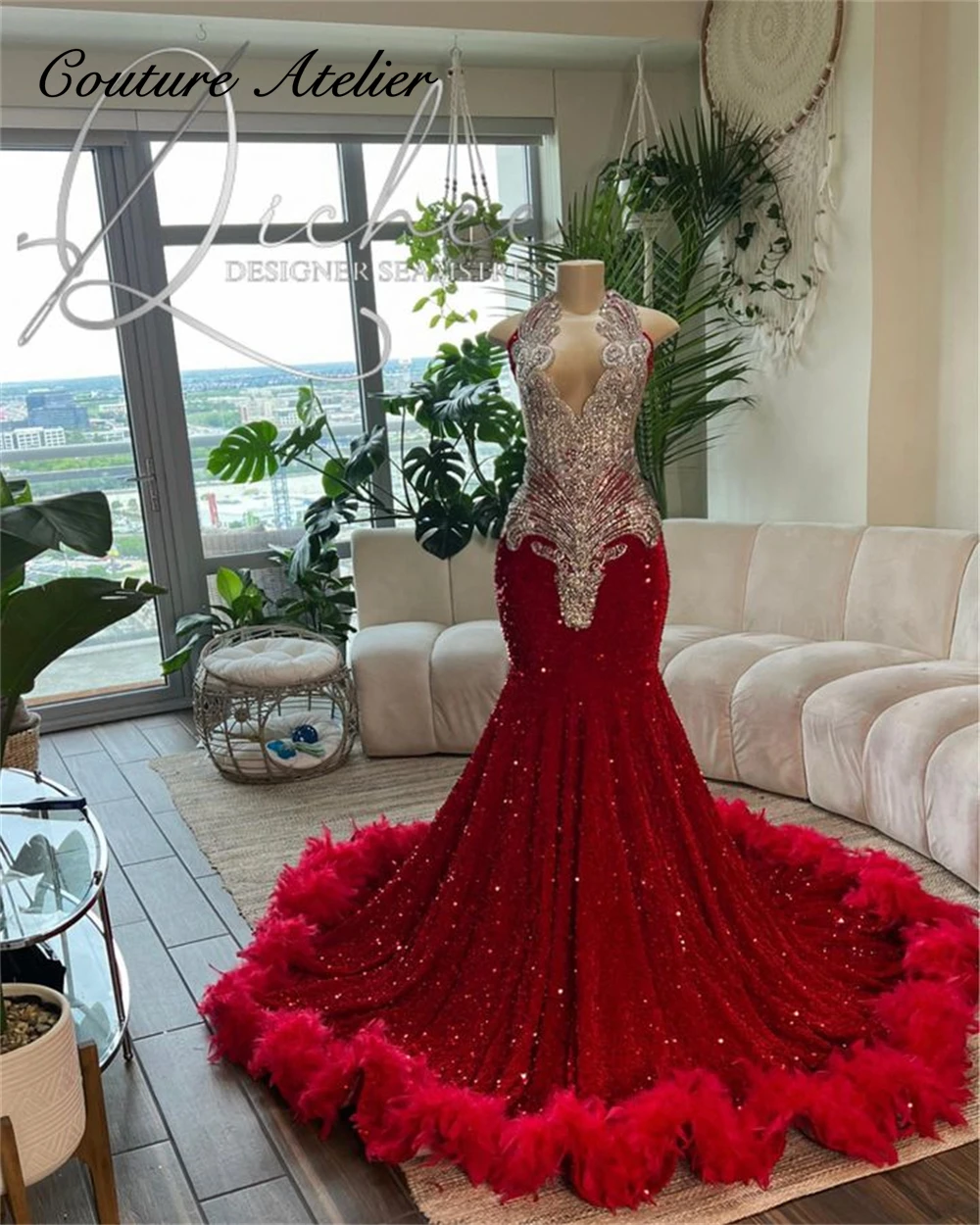 Top Trends: Red Feathers Sequin Long Prom Dresses African Slay Queen Dress For Black Girls Sparkly Crystal Sheer Mesh Birthday Party Gown Shoppable Styles