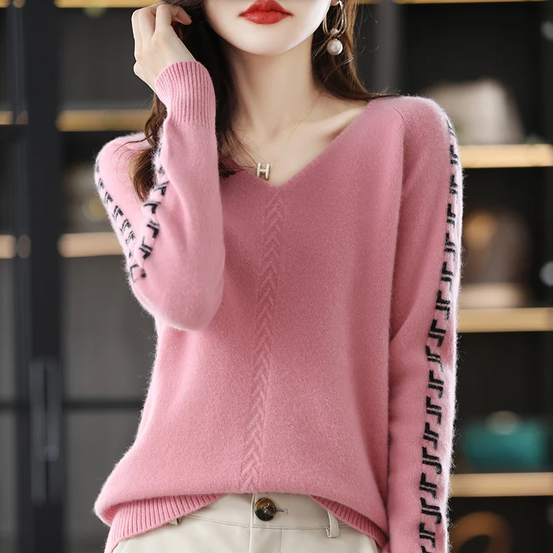 Top Trends: Pure Wool Sweater Women's V-Neck Stitching Long-Sleeved Top Autumn Winter Warm Commuter Pullover Loose Knitted Cashmere Sweater Shoppable Styles