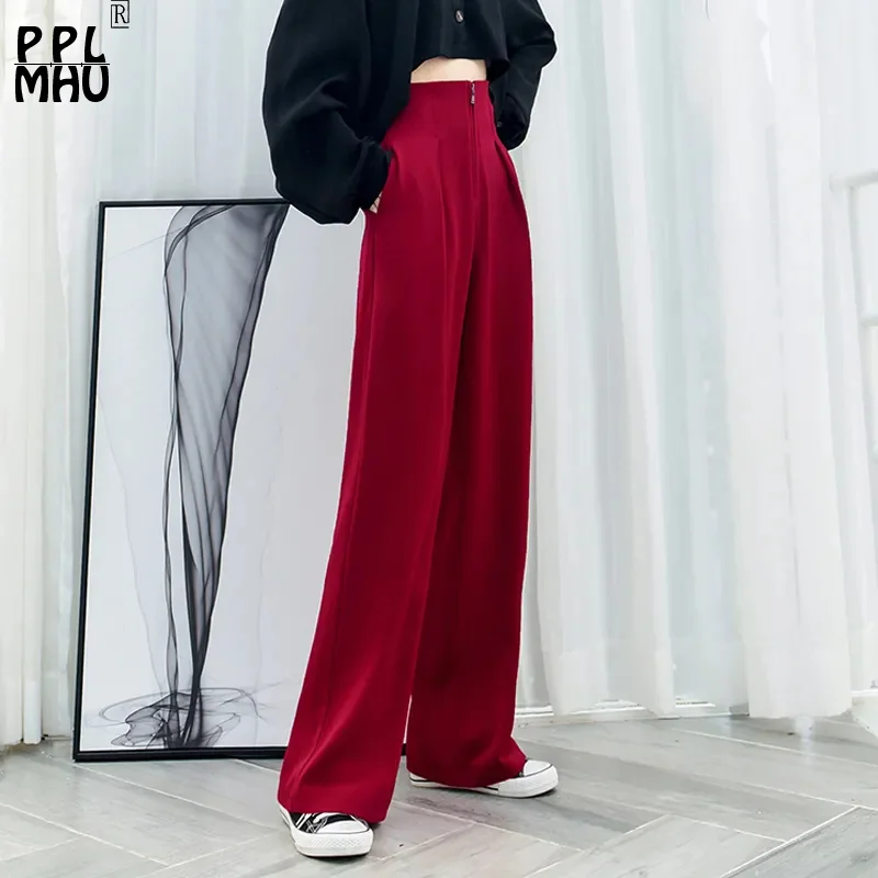 Top Trends: Design Zipper High Waist Wide Leg Pants Women 2023 Spring Summer Thin Elegant Red Pantalones Office Lady Work Baggy Trousers Shoppable Styles