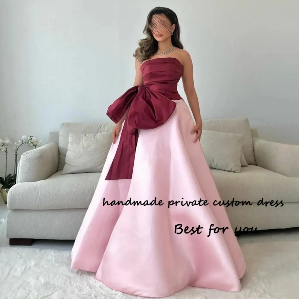 Top Trends: Pink Red A Line Satin Evening Dresses With Bow Pleats Satin Strapless Formal Prom Dress Floor Length Dubai Arabic Formal Gowns Shoppable Styles