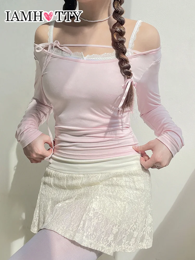 Top Trends: IAMHOTTY Sweet Lace-up Slash Neck T-shirt Pink Kawaii Long Sleeve Tops Spring Casual Y2K Aesthetic Tops Korean Cute Clothes 2023 Shoppable Styles