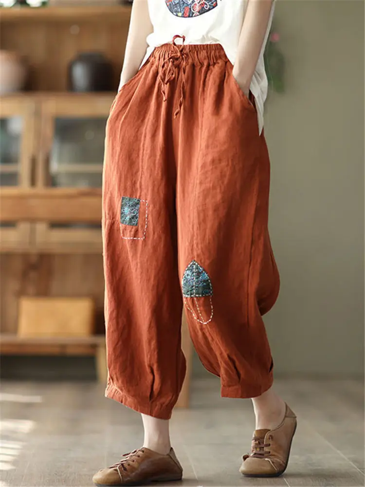 Top Trends: Women Linen Sarouel Vintage Harem Pants Summer Cotton Embroidery Bloomers Elastic Waist Plus Size 3XL Ethnic Capri Trousers Shoppable Styles