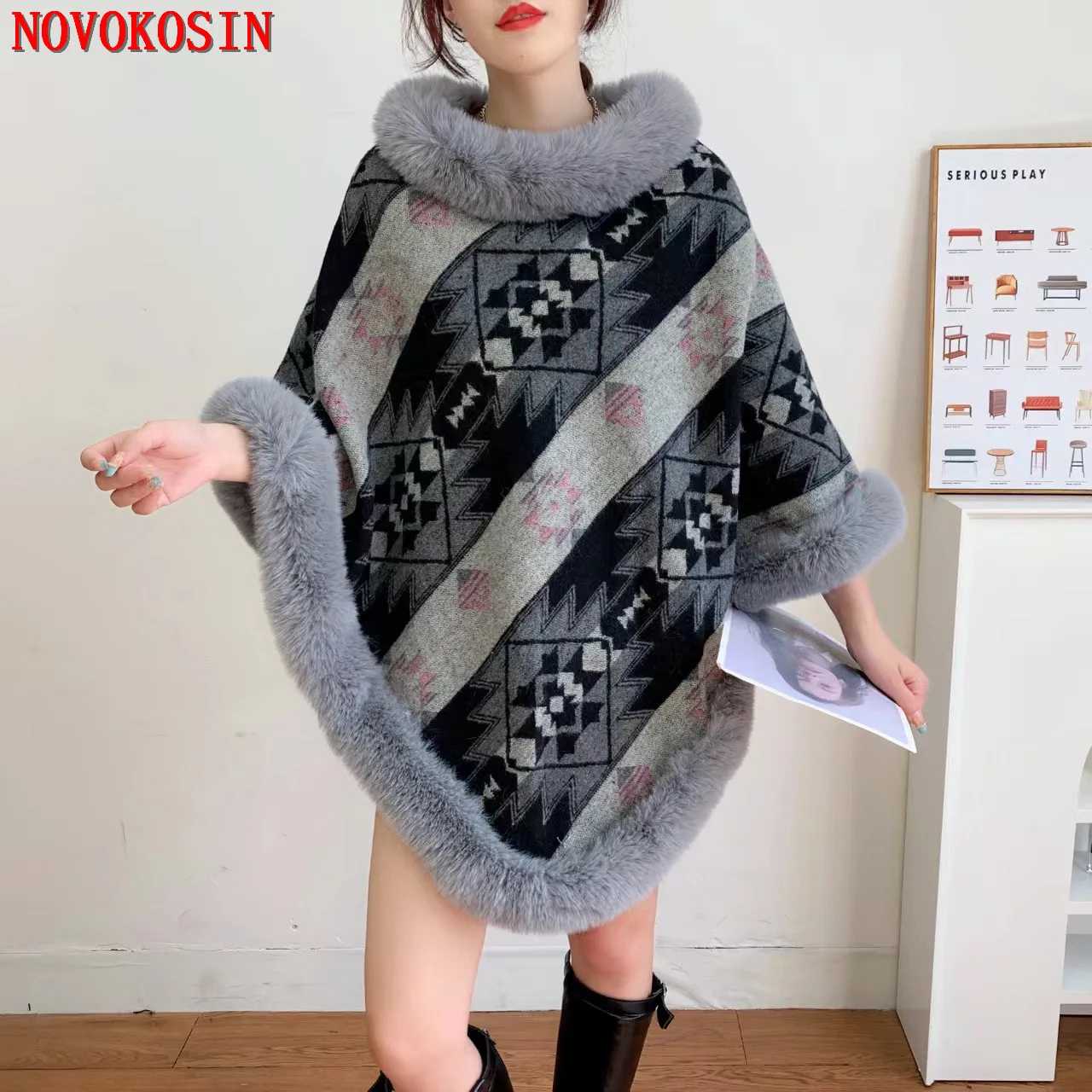 Top Trends: 6 Colors 2022 New Loose Streetwear Printed Poncho Cloak Winter Velvet Warm O Neck Faux Rabbit Fur Women Pullover Shawl Coat Shoppable Styles