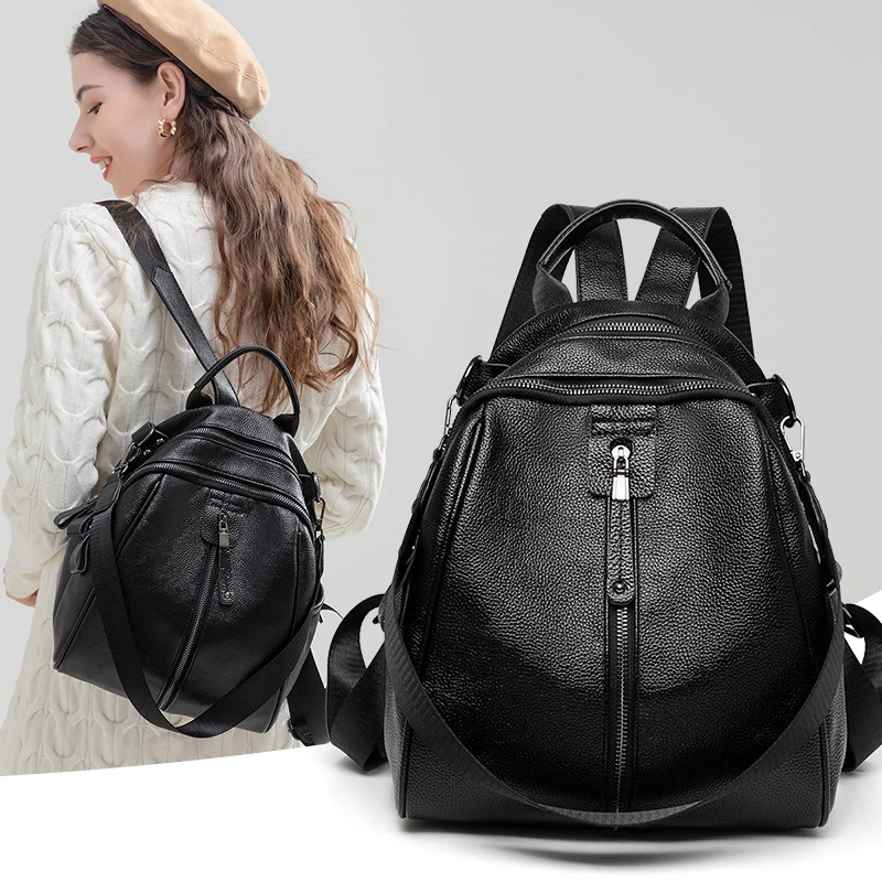 Top Trends: Black Backpack For Women Genuine Leather Cowhide Bagback Girl Commuter Bags Small Cute Travel Bag 2024 New Fashion Design Luxury Shoppable Styles