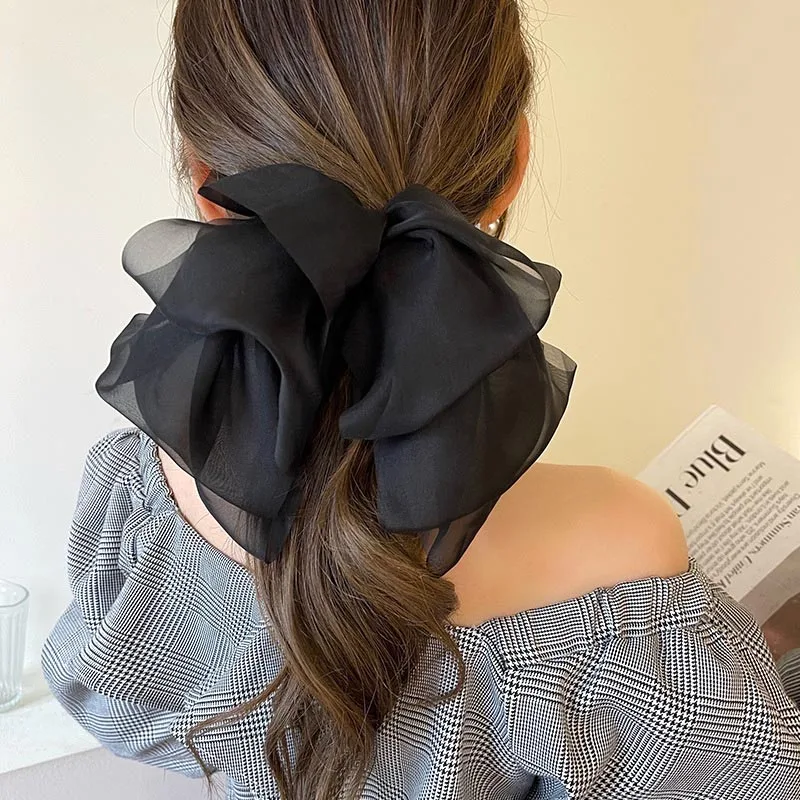 Top Trends: 2023 New Black Oversize Bow Hairpin For Women Net Yarn Bowknot Ribbon Spring Clip Hair Clip Long Lady Wedding Summer Accessories Shoppable Styles