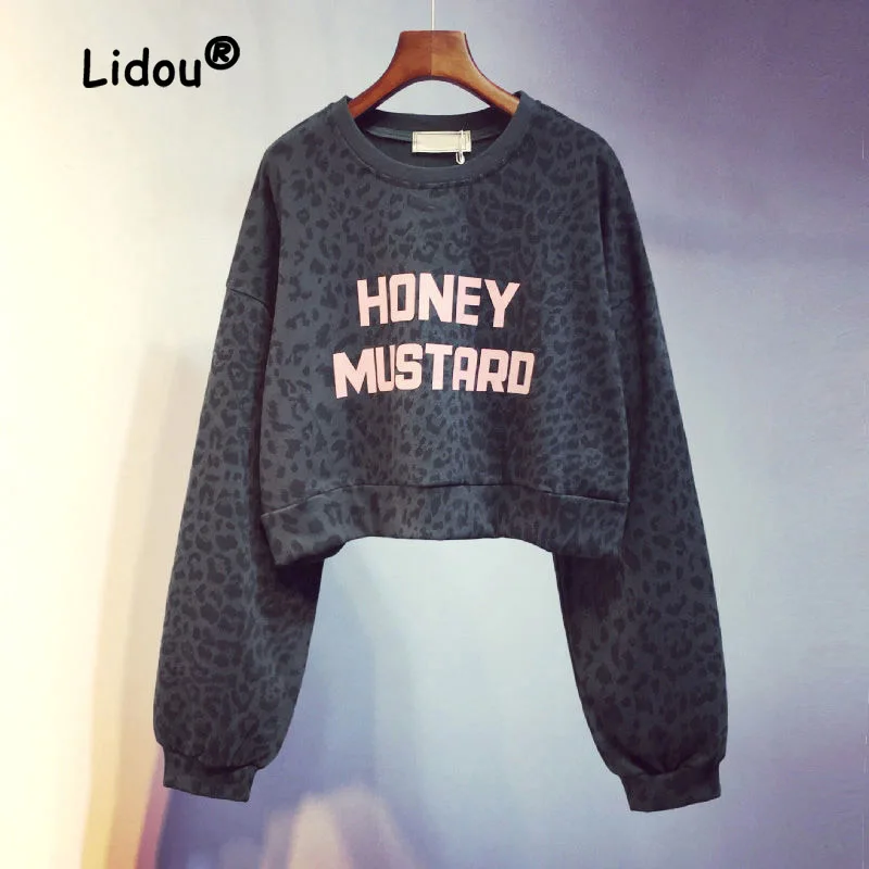 Top Trends: New Harajuku Leopard Print Printing Letter Sweatshirts Women Classic Long Sleeve Loose Short Korean O-collar Pullover Top 2023 Shoppable Styles