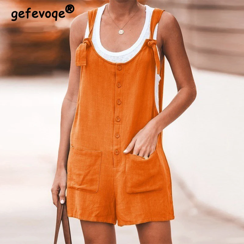 Top Trends: Summer New Fashion Solid Color Playsuits Female Loose Casual All-match Buttons Slip Rompers Ladies Jumpersuit Women's Clothing Shoppable Styles