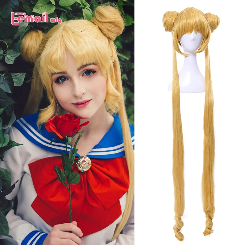 Top Trends: L-email Wig Synthetic Hair Usagi Tsukino Cosplay Wigs Super Long Blonde Wigs With Buns Heat Resistant Cosplay Wig Halloween Shoppable Styles