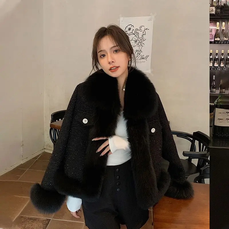 Top Trends: Korean Style Autumn Winter Formal Tweed Thick Jackets Women'S Elegant Loose Fur Collar Splicing Fur Coat Imitation Fox Fur Shoppable Styles - Image 2