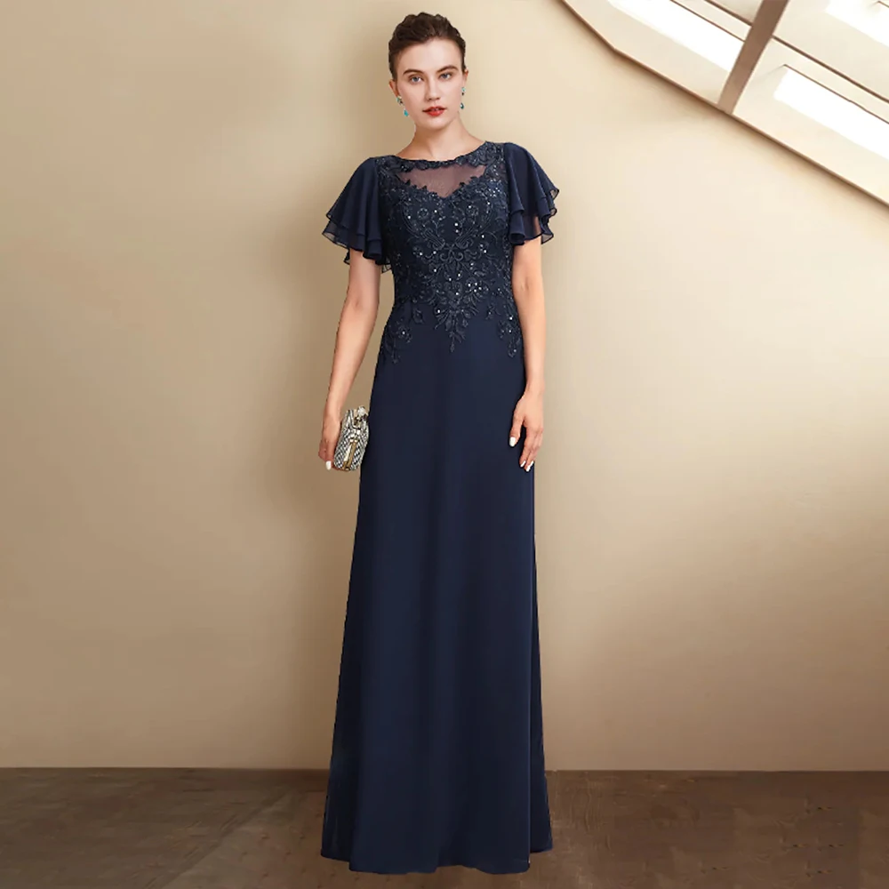 Top Trends: Elegant Navy Blue Mother Of The Bride Dresses 2023 Lace Short Sleeves O Neck Floor-Length Wedding Party Gowns Appliques Sequined Shoppable Styles