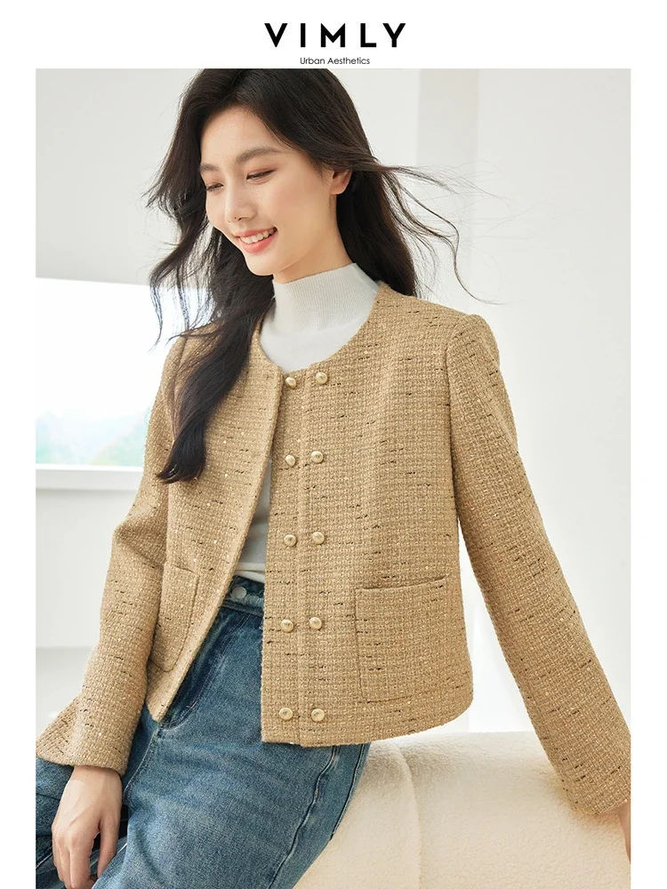 Top Trends: Vimly Black Elegant Wool Blend Tweed Jackets O-neck Long Sleeve Quilted Women&#039;s Coats 2023 Autumn Winter New In Outerwears M3868 Shoppable Styles