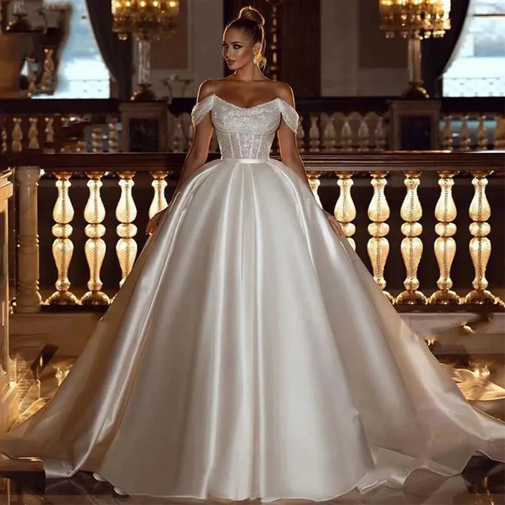 Top Trends: Retro Vestido De Novia Appliques Satin Beading Wedding Dresses Sweetheart Illusion Sleeves Lace Up Bridal Princess Custom Made Shoppable Styles