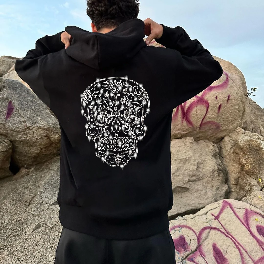 Top Trends: Social Mens Loose Sweatshirt Hoodies Black Skull Rhinestone Hoody Male Casual Warm Party Jacket Coats Women Unisex Pullover New Shoppable Styles