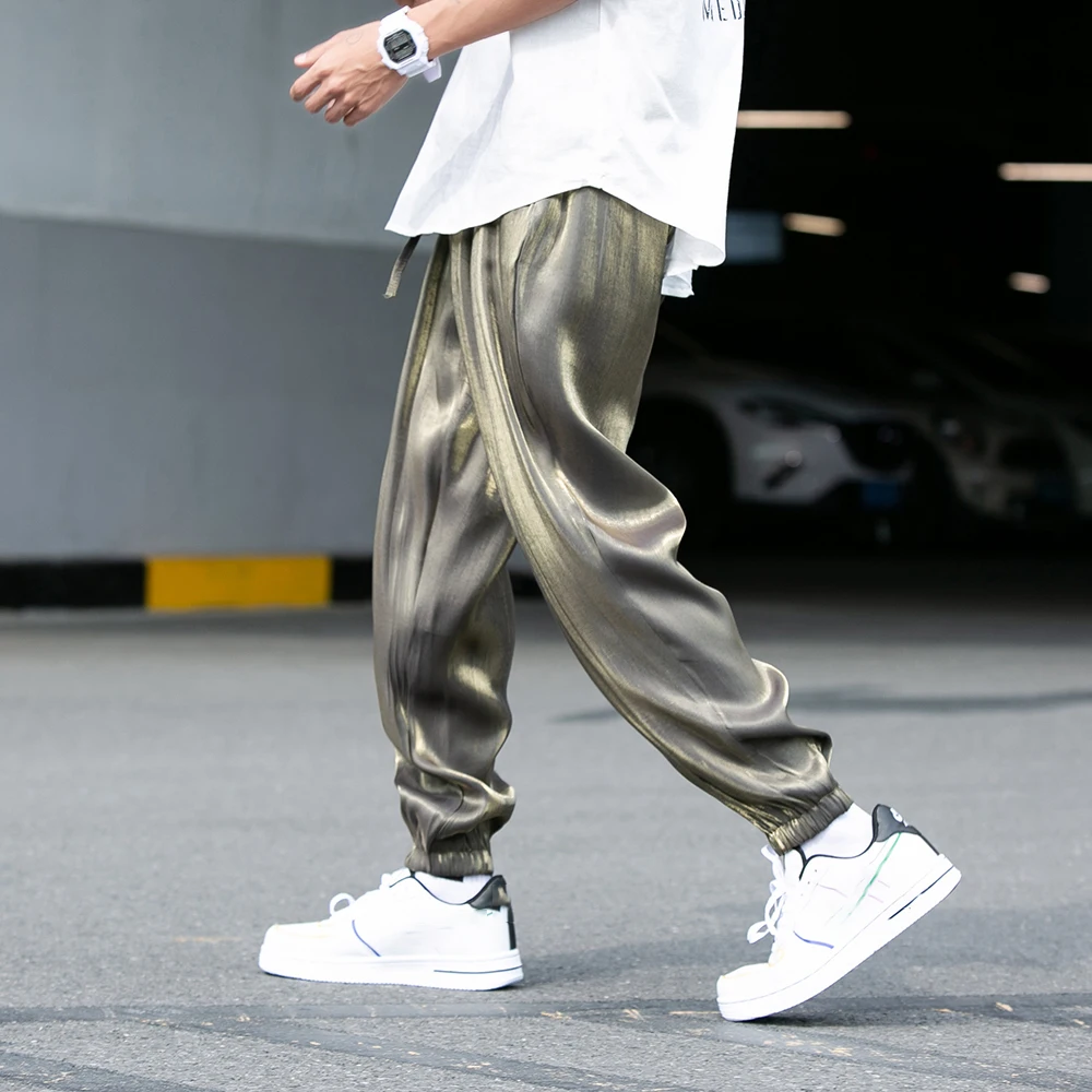 Top Trends: Loose Casual Pants Man Joggers Elastic Waist Sweatpants Summer Glossy Ice Silk Harem Pants Streetwear Unisex Bound Feet Trouser Shoppable Styles