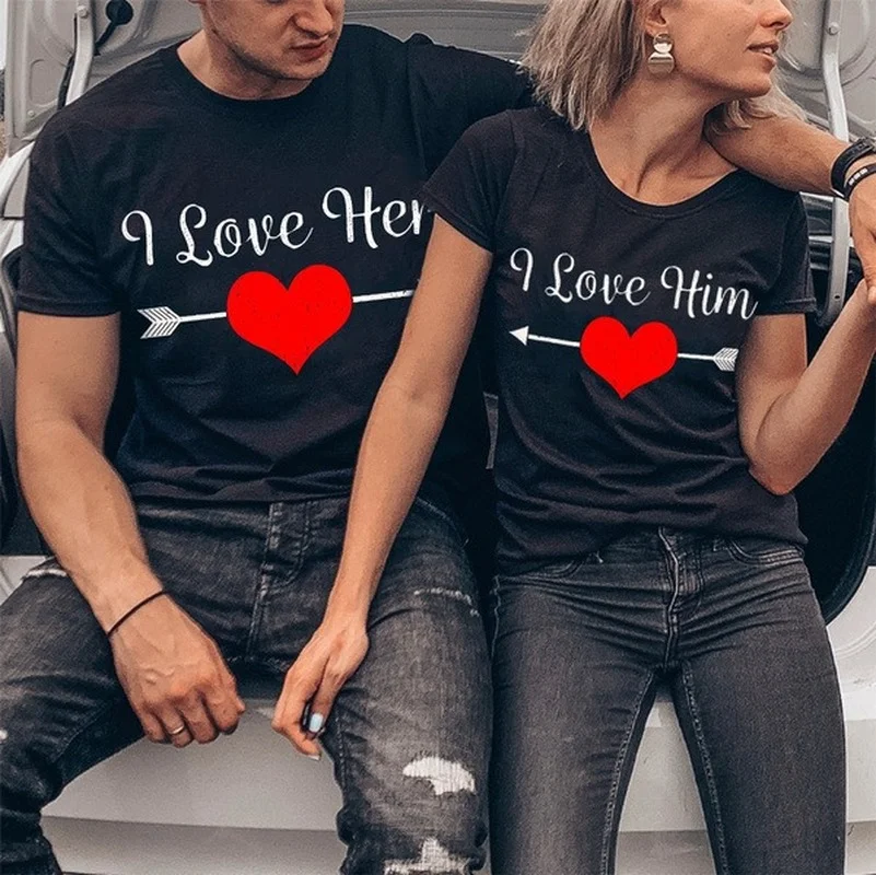 Top Trends: King Queen Couples T Shirt I Love Her Him Heart Print Couple Tshirt Summer Woman T-shirt Casual O-Neck Tops Lovers Tee Shirt Shoppable Styles