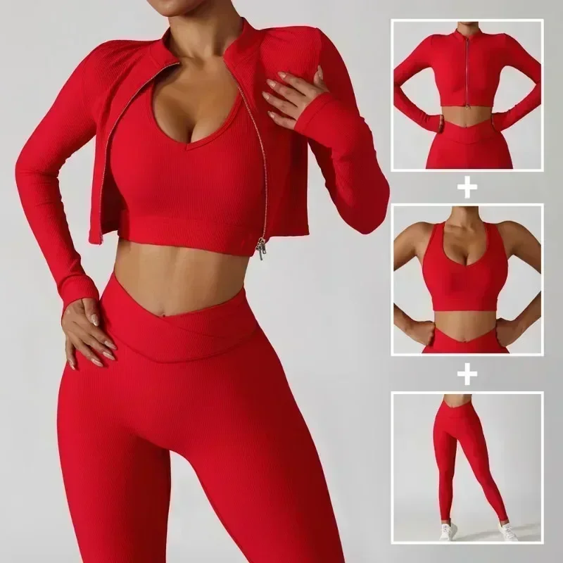 Top Trends: Jacket Sports Bra Leggings 3 Piece Set Women's Tracksuit, Training And Exercise Workout Gym Push Up Yoga Sportswear Suit Fitness Shoppable Styles