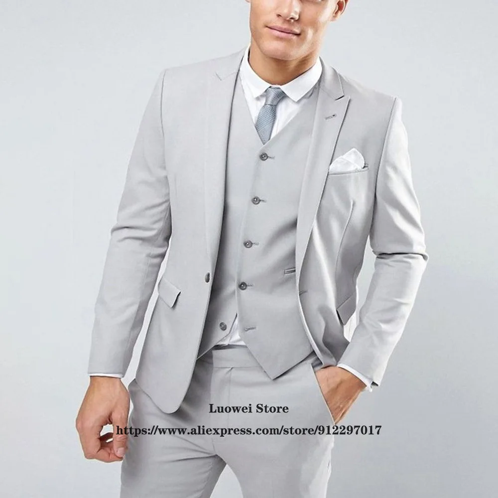 Top Trends: Fashion Light Grey Suits For Men Slim Fit 3 Piece Jacket Vest Pants Set Groom Wedding Peaked Lapel Tuxedo Business Costume Homme Shoppable Styles